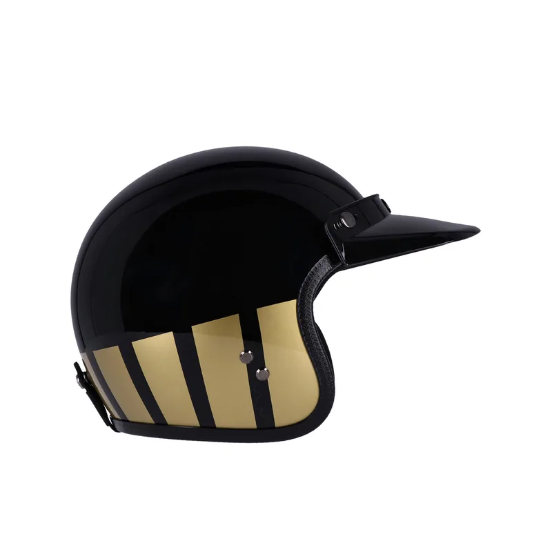 Capacete Roeg Jett Curbstone Gold, preto com faixas douradas, vista lateral com pala.