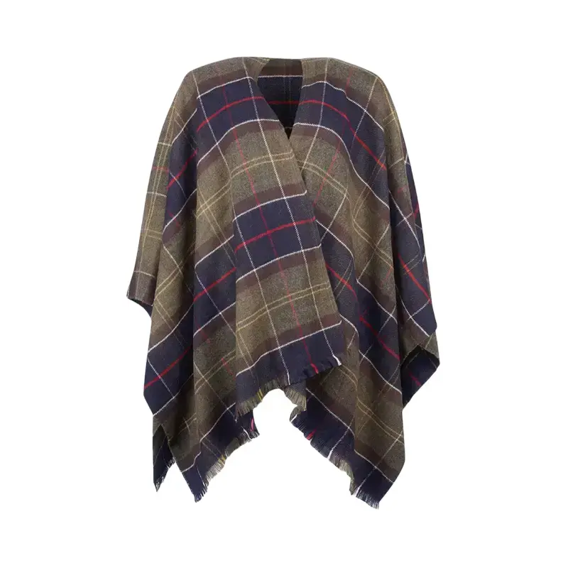 Poncho Barbour Staffin aberto, com tartan clássico e franjas