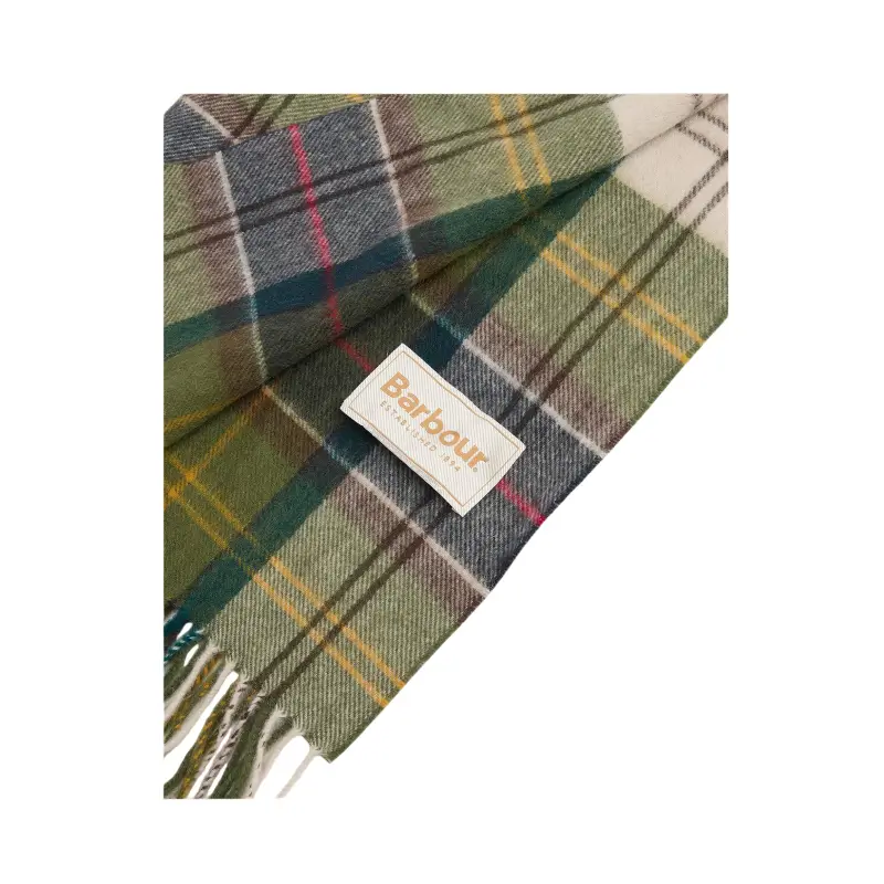 cachecol Barbour Serena tartan, detalhe da etiqueta e do tecido