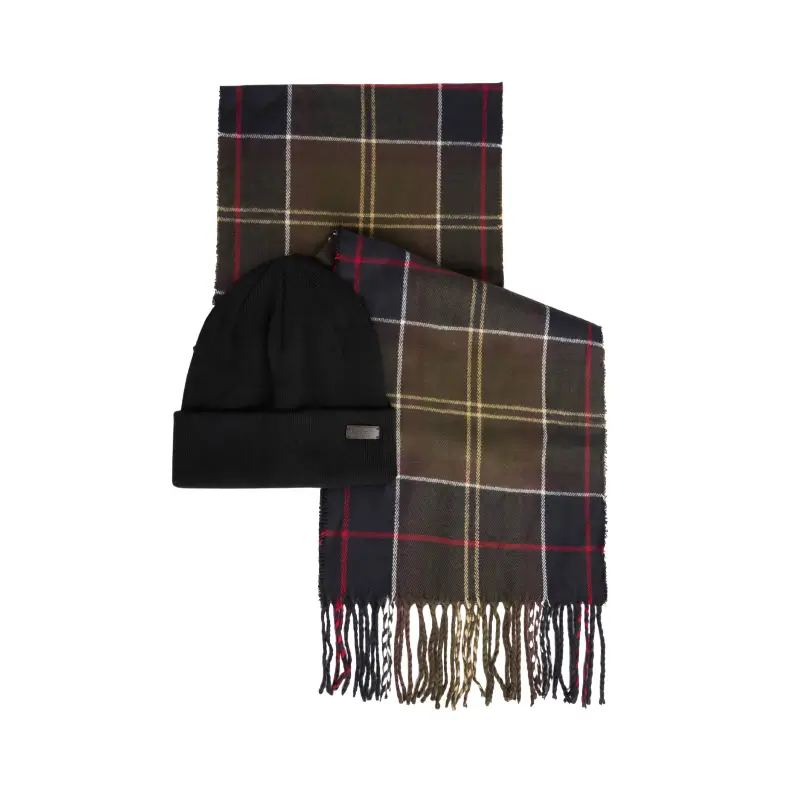 conjunto Barbour Swinton tartan castanho com gorro preto