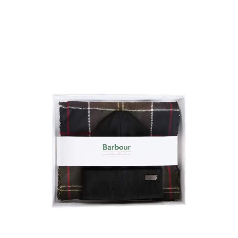 conjunto Barbour Swinton tartan castanho e gorro preto em caixa