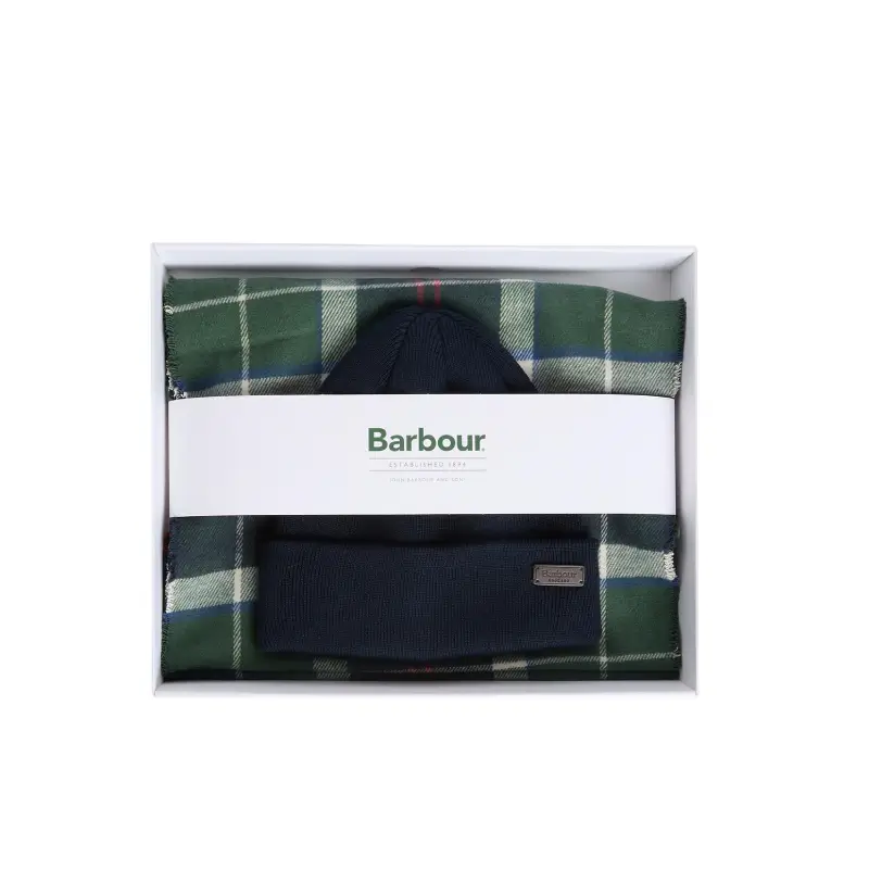 conjunto Barbour Swinton Evergreen em caixa, gorro e cachecol tartan