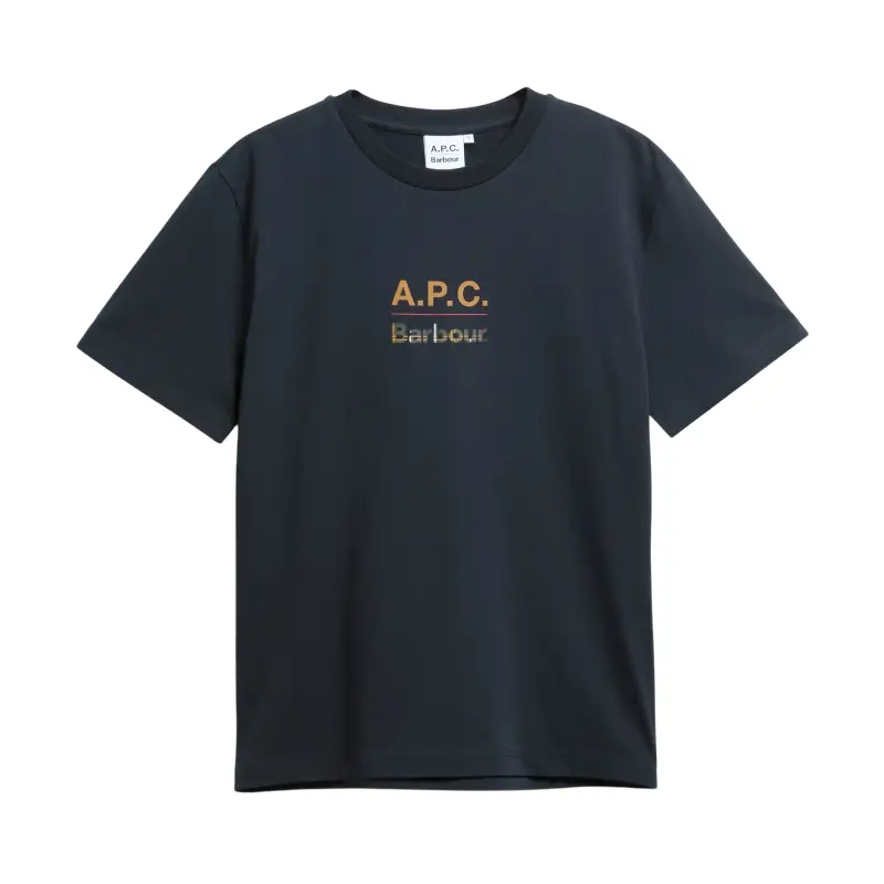 T-shirt Barbour x A.P.C. azul com logótipos no peito, vista frontal