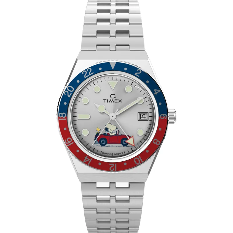 Relógio Timex Q Peanuts Snoopy GMT Prateado