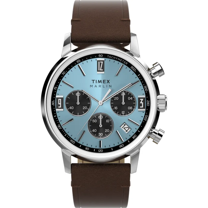 Relógio Timex Marlin Cronógrafo Azul com Pele Castanha